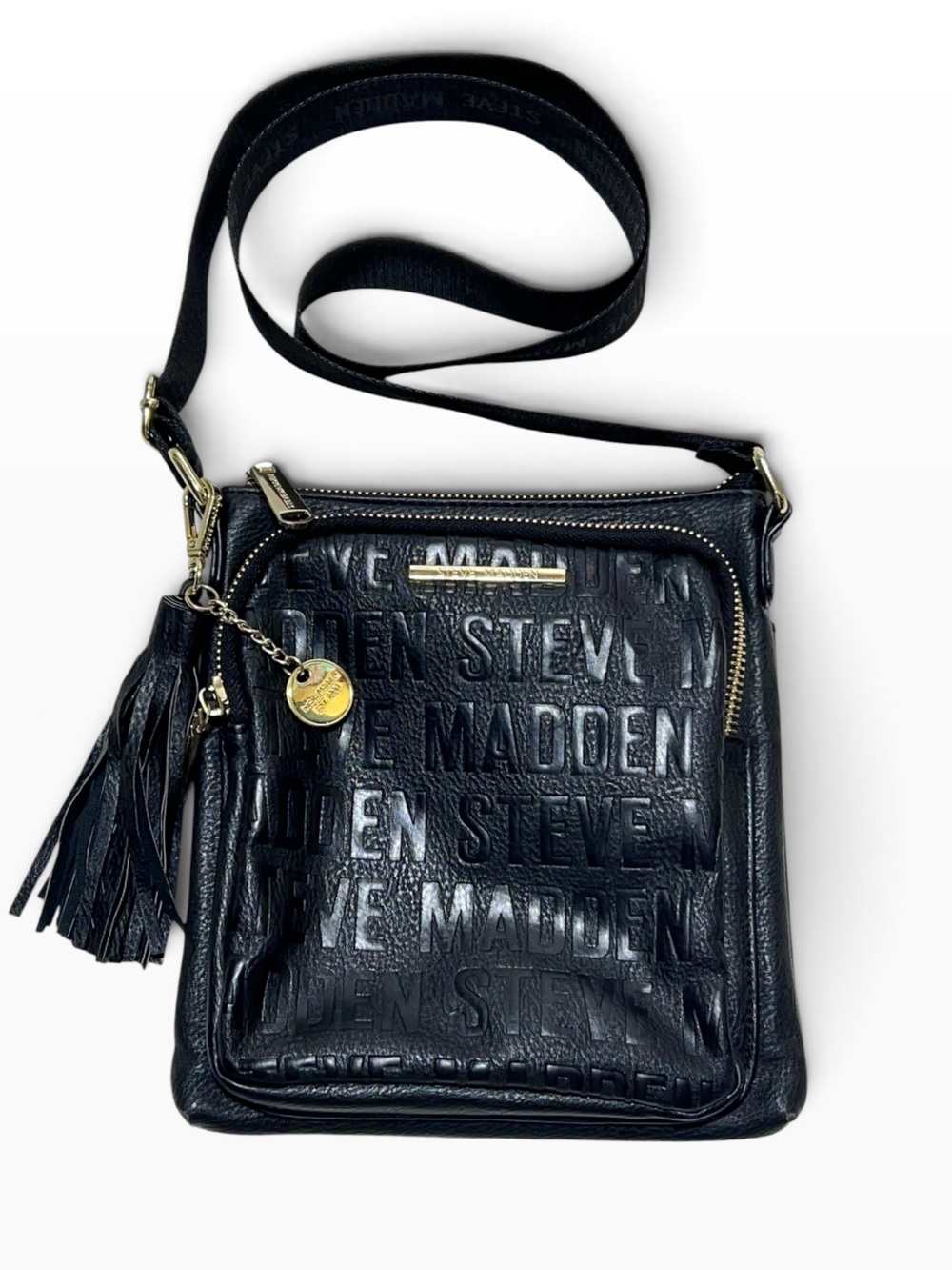 Steve Madden Black Embossed Pabbled Faux Leather Crossbody with Tassel